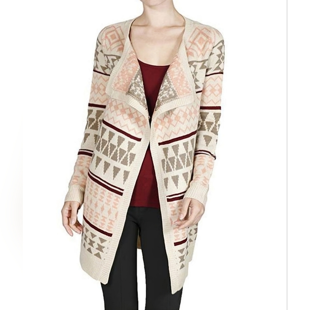 Active Southwestern Aztec Tribal Open Front Pink Tan Ox Blood Cardigan Western